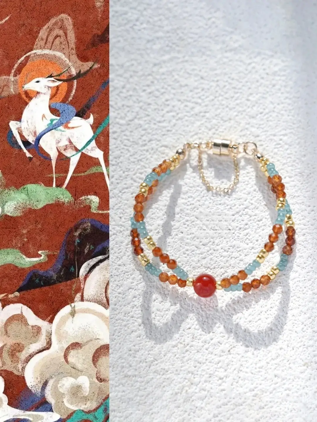 Vintage double-layer bracelet with Nine-Colored Deer and red agate beads, inspired by Dunhuang art