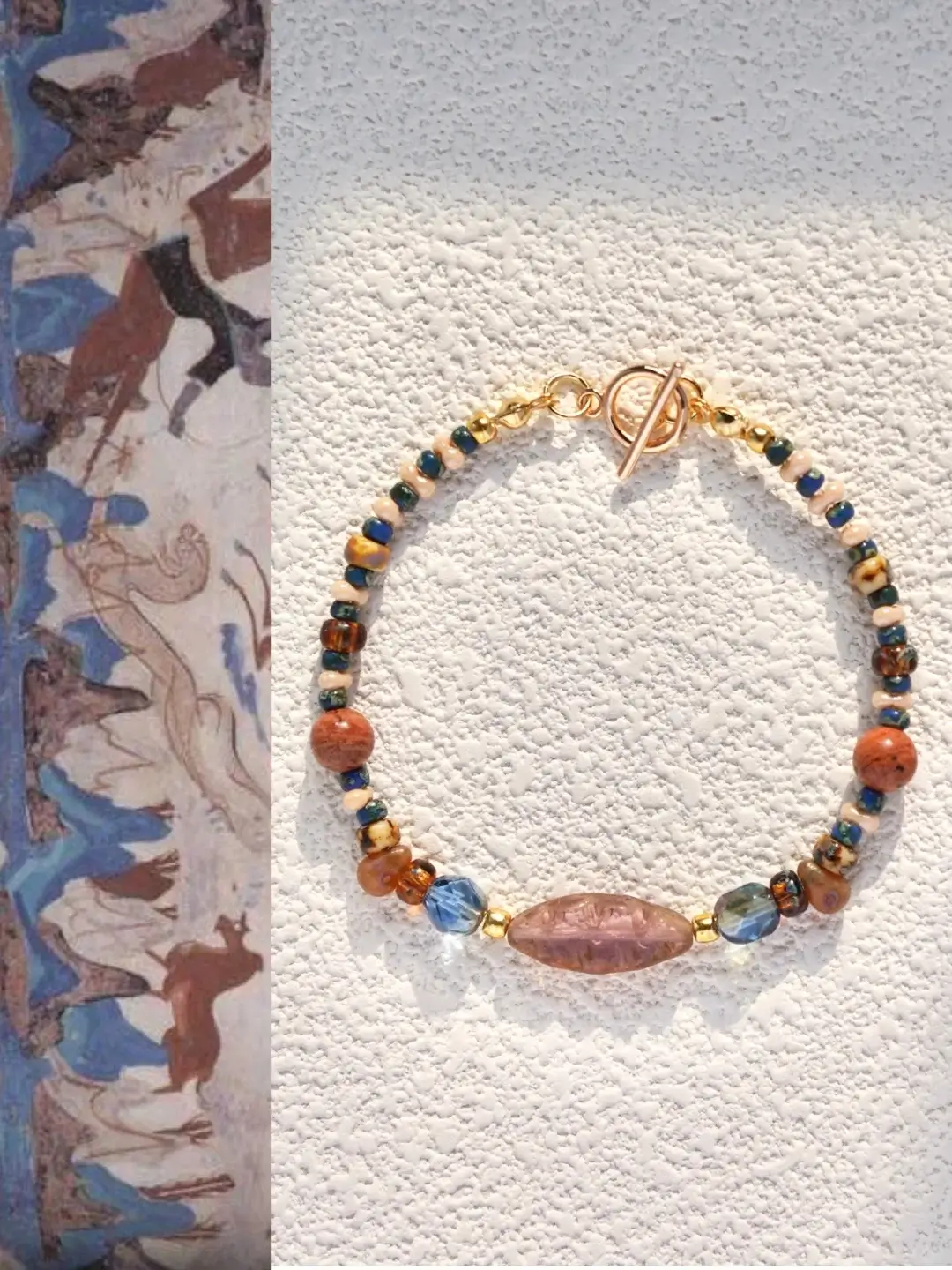 Vintage Dunhuang bracelet with pink, purple, and blue Czech beads