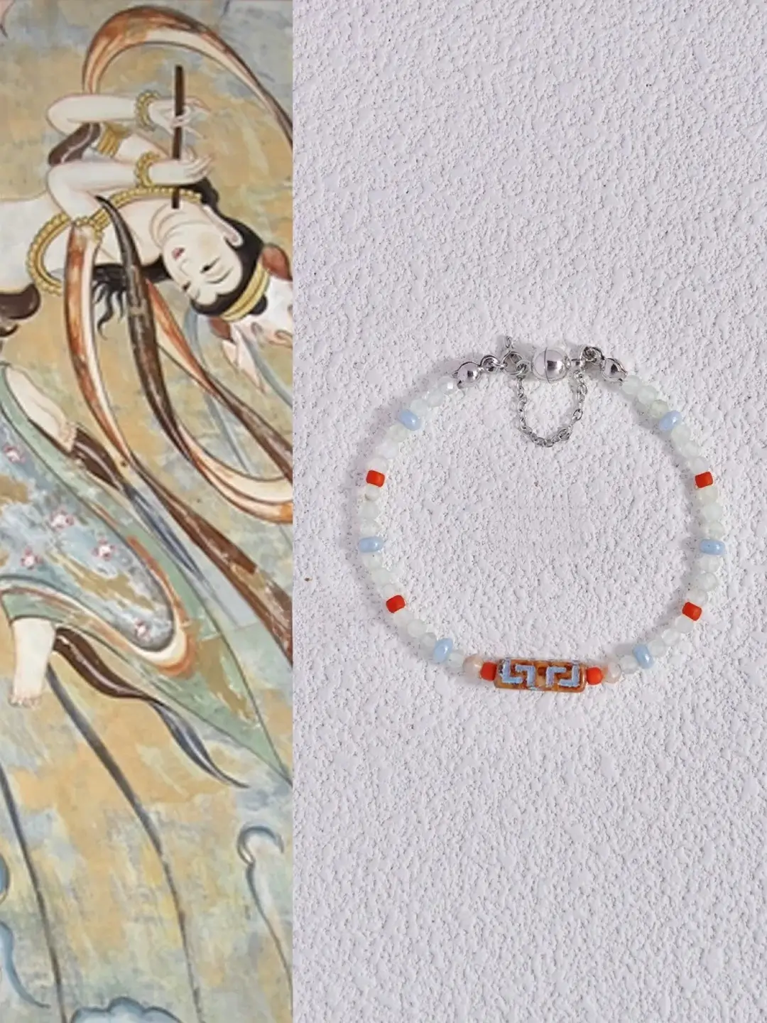 Vintage Dunhuang bracelet with red, white, and blue Czech beads