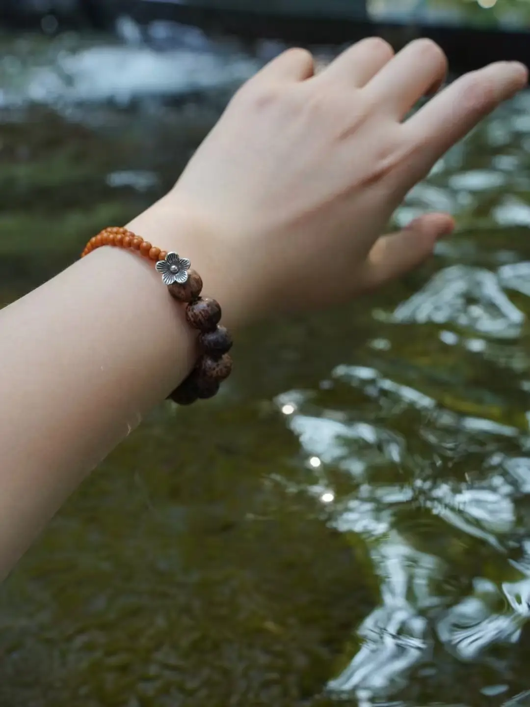 Handmade original vintage bracelet with wood beads and Thai silver