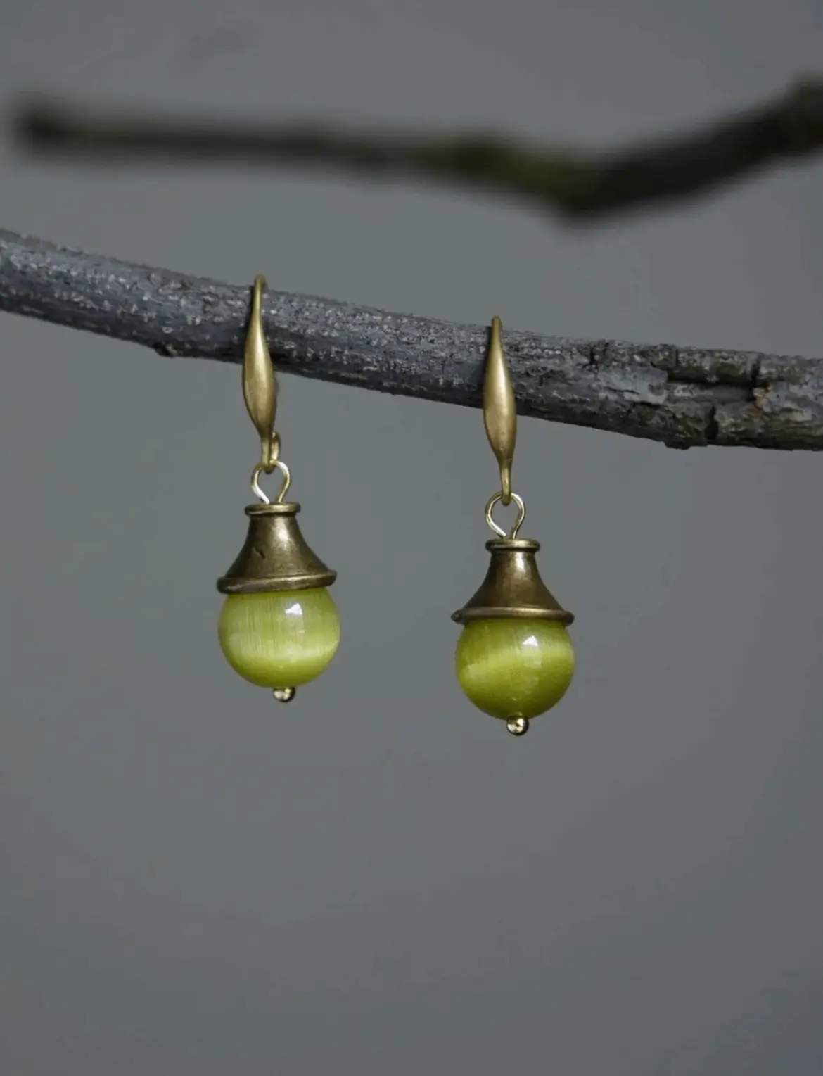 PeonyJewels “Yimo Green” vintage  handmade earrings with 925 silver gold-plated cat's eye stone earhooks, subtle elegance and vibrant color