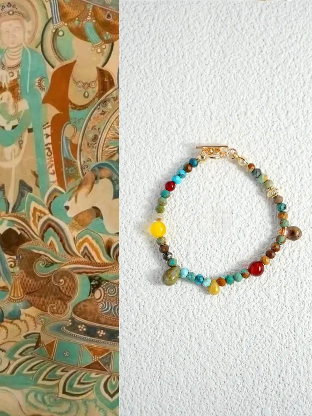 Vintage Dunhuang bracelet with yellow and blue-green Czech beads