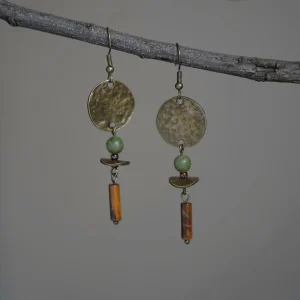 Boho-style brass earrings adorned with southern jade accents