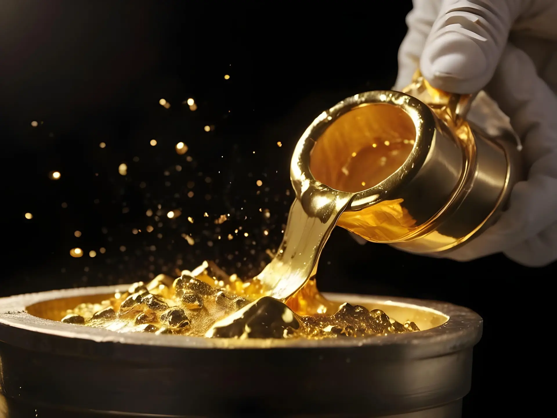 Close-up of the gold casting process, where molten gold is poured into molds—an essential step in crafting vintage handmade jewelry materials.