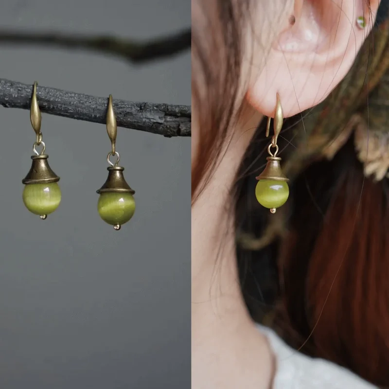Green vintage earrings made of natural stone, perfect birthday gift for mom
