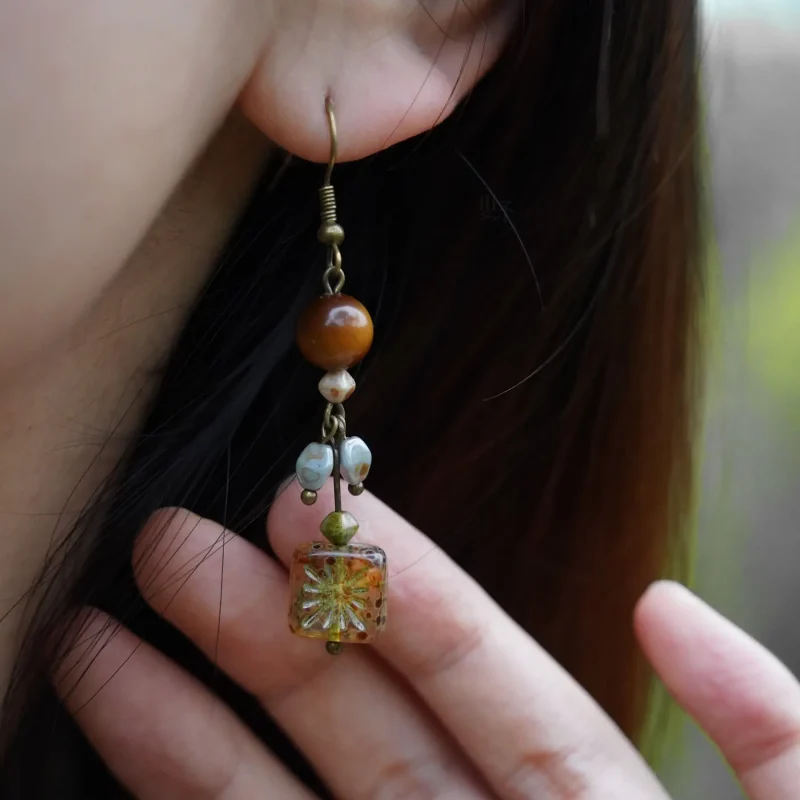 handmade tiger’s eye earrings in simple Chinese ethnic style, ideal for elegant and effortless daily wear
