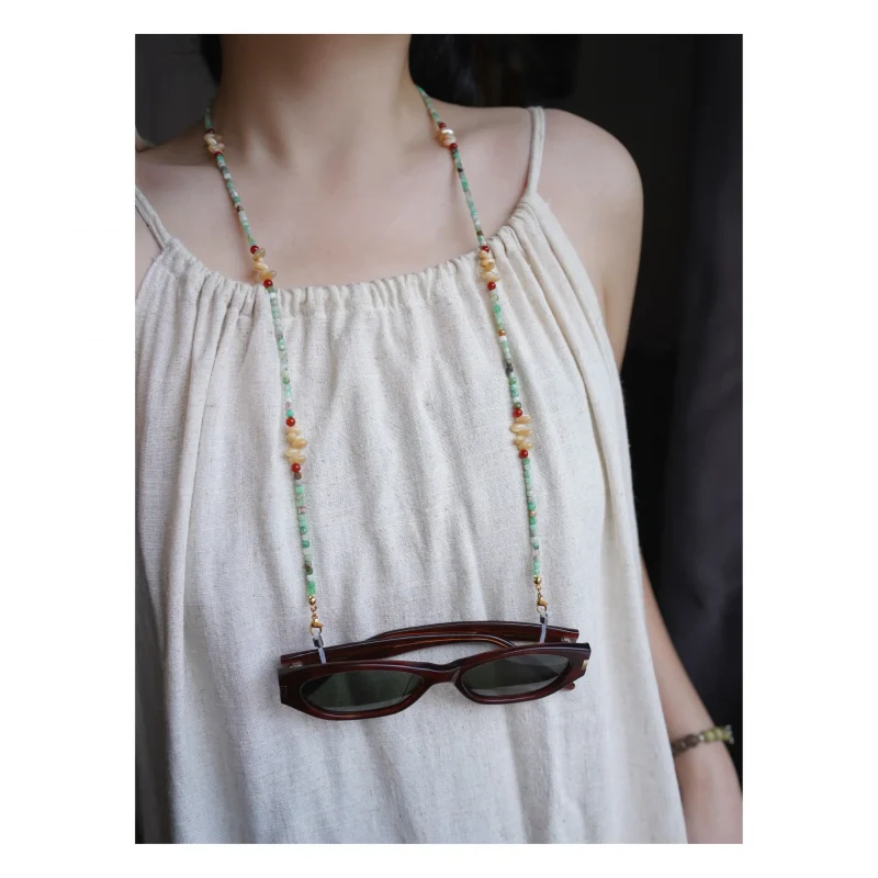 Handmade natural gemstone long necklace, ideal for daily wear or as an eyeglass chain.