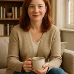 Portrait of Lily Morgan, a 38-year-old middle-class woman from Denver, enjoying coffee at home – lifestyle image for jewelry brand.