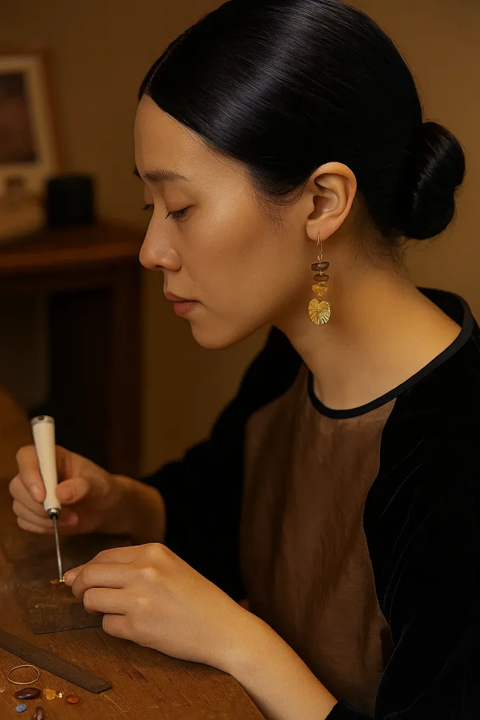 A young woman crafting jewelry with focus, surrounded by tools and natural elements — an image from The Peonyjewels Story.
