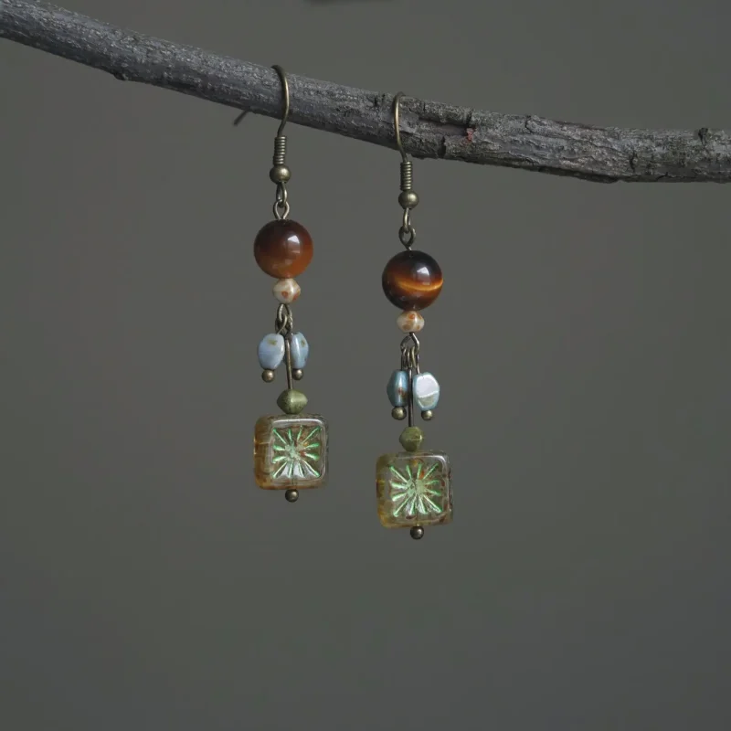 Vintage handmade tiger’s eye earrings, Artistic and Retro Style Jewelry for a Distinctive Look