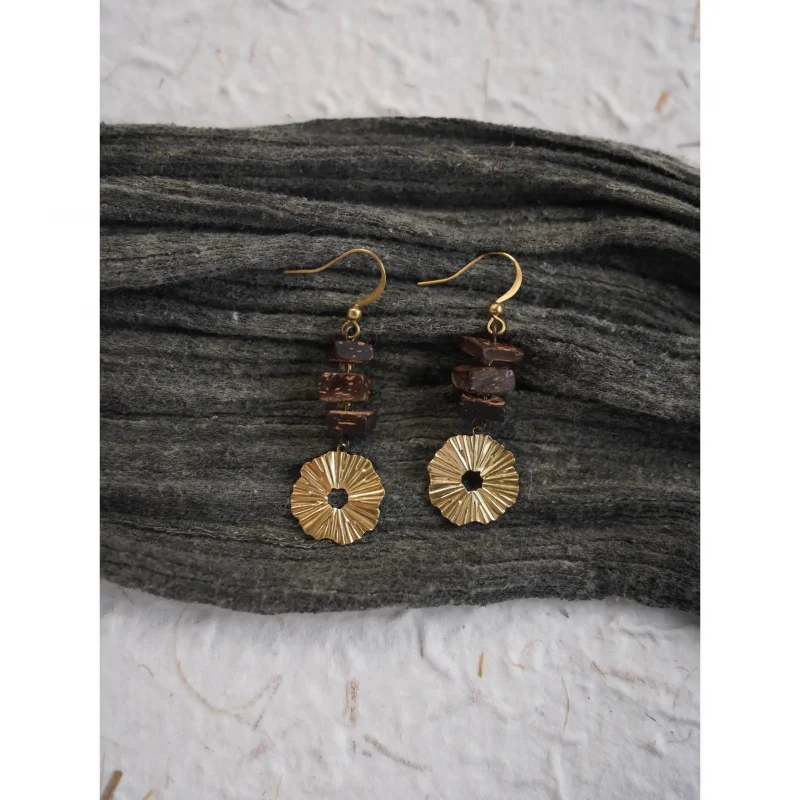 These vintage handmade earrings feature brass accents and a serene Zen-inspired design.