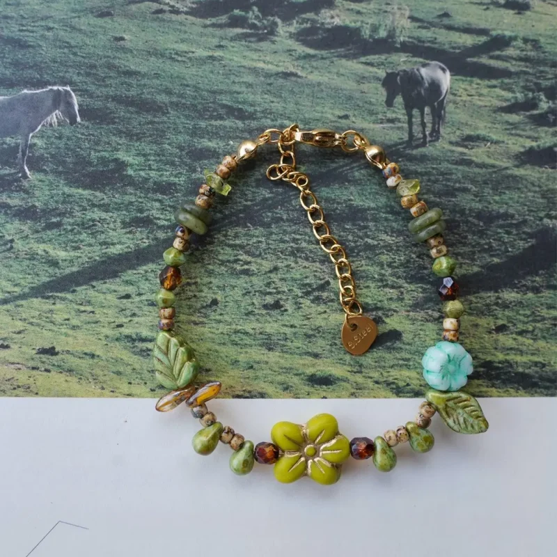 Yellow flower bracelet adds handmade charm and pairs beautifully with vintage-style casual dresses.