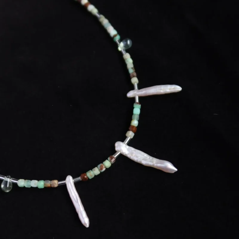 Handmade Australian jade necklace pairs with freshwater pearls to highlight vintage charm for women