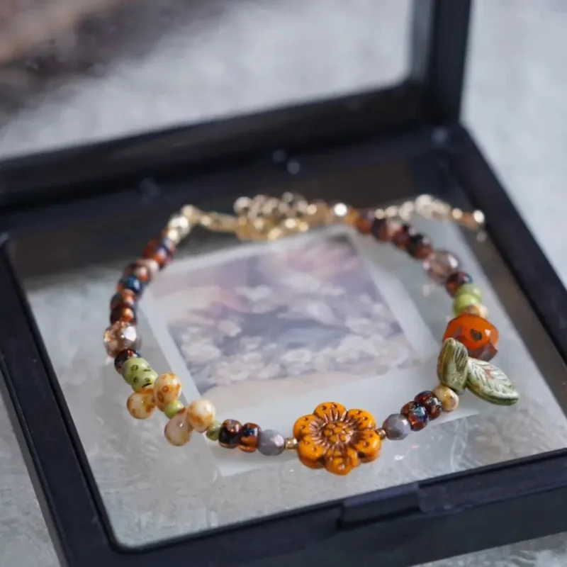 Floral Czech glass bracelet is handcrafted and paired with a gift box, making it a thoughtful present