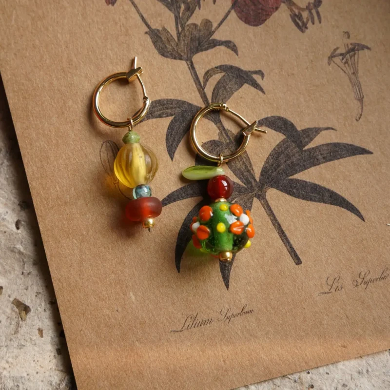 Gemstone beaded hoop stud earrings with colorful glass beads and agate in a handmade vintage style