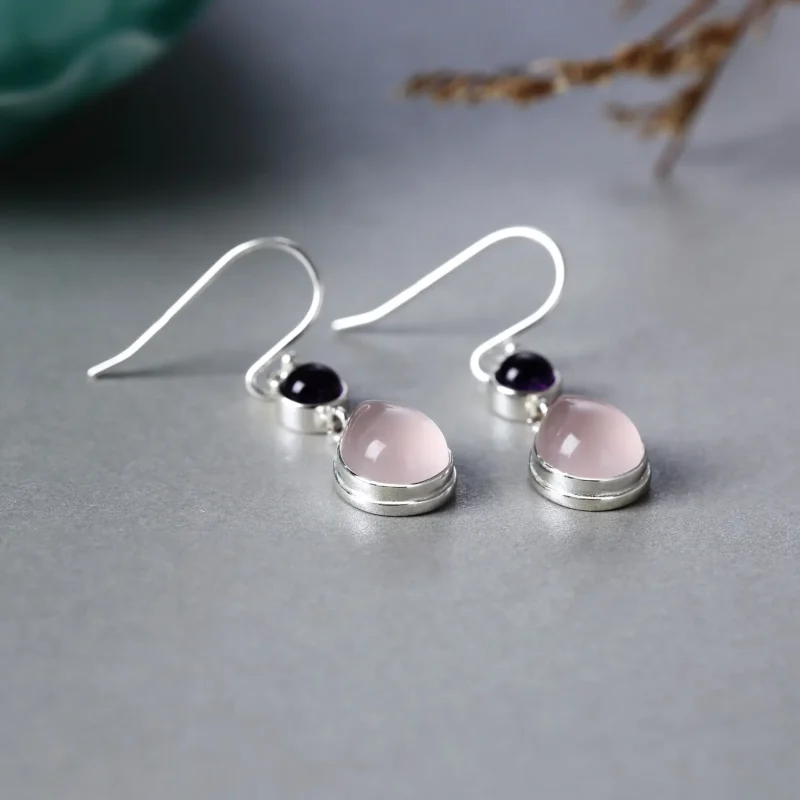 Handcrafted teardrop rose quartz earrings in 925 silver with minimalist elegance