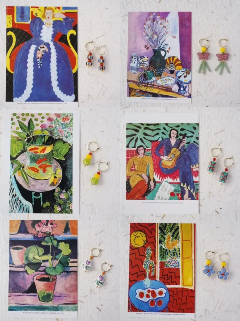 Matisse-inspired jewelry collection featuring hand-painted ceramic beads and natural agate in vintage-style designs for women