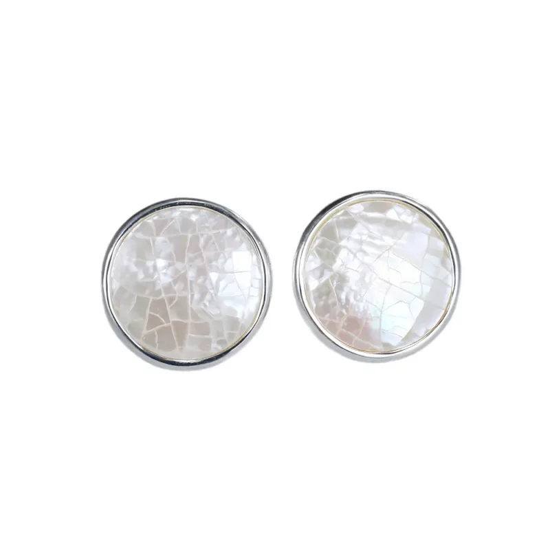 Mother of Pearl Stud Earrings showcase geometric elegance with natural shell inlays and sterling silver, ideal for anniversary gifts.