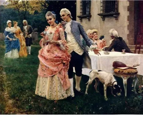 An illustration of a court garden dinner hosted by Queen Victoria and Prince Albert, reflecting the elegance and grandeur of their era.