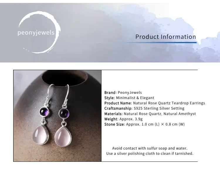 Product information for PeonyJewels 925 sterling silver rose quartz earrings with material and size details