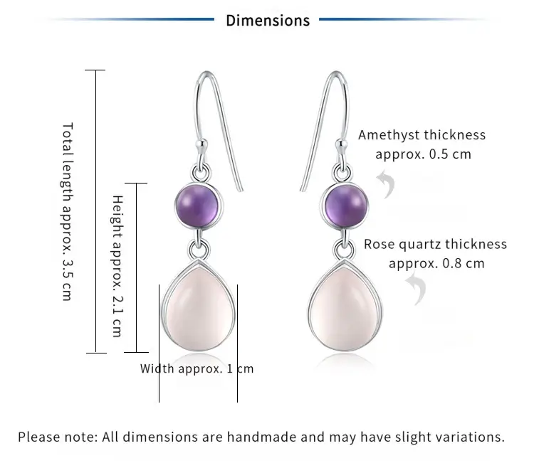 PeonyJewels handmade rose quartz earrings with detailed size dimensions for a comfortable and elegant fit