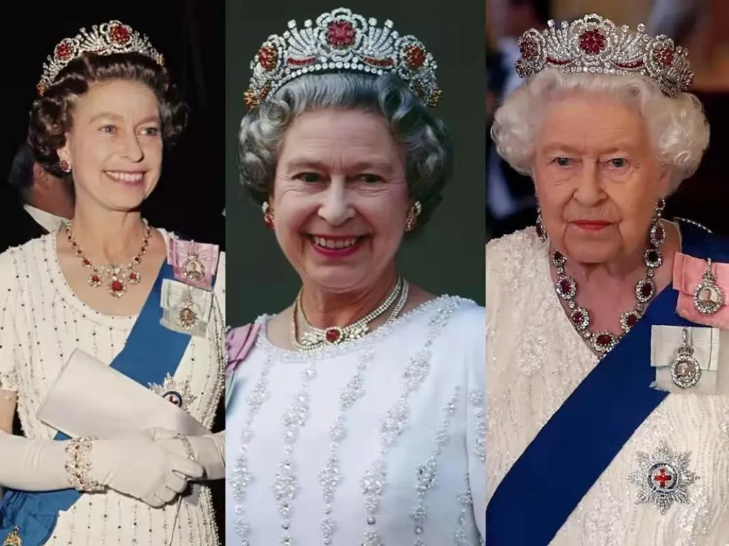 Illustration of Queen Elizabeth II wearing the ruby crown, showcasing the intricate design and the 96 rubies gifted from Myanmar, symbolizing royal elegance and heritage.