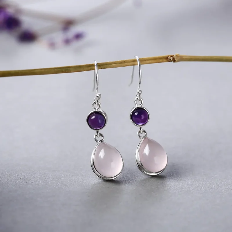 Vintage rose quartz earrings handcrafted with natural gemstones and 925 silver for daily elegance