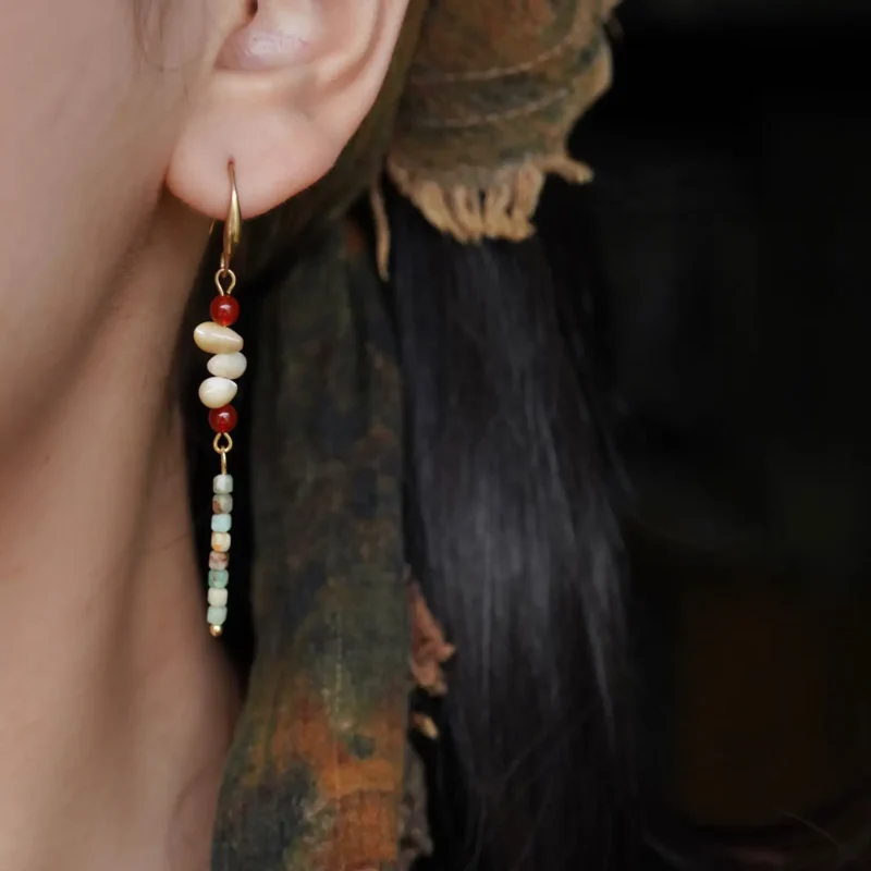 Model wearing handmade earrings inspired by Chinese design, showcasing elegance and refined craftsmanship.