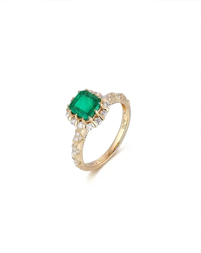 Peony Jewels 1ct natural emerald-cut emerald and diamond ring set in 18K yellow gold, with certificate.