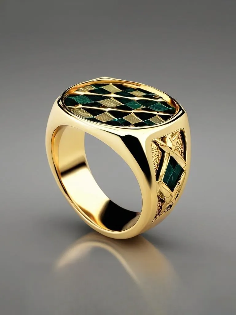 A vintage handmade gold ring featuring a polished face with a classic Argyle pattern, composed of overlapping diamonds and diagonal lines for a distinguished, geometric design.
