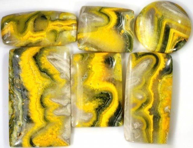 Rough Bumblebee Jasper showing yellow, black, gray, and white patterns, resembling the vibrant colors of a bumblebee