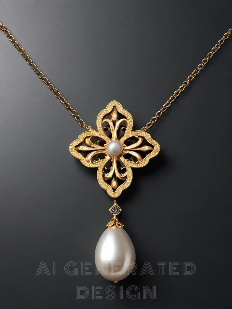 An illustration of a gold necklace with a four-leaf clover pattern, set with lustrous pearls. The design combines the classic symbol of luck with the timeless elegance of pearls, creating a graceful and sweet style.