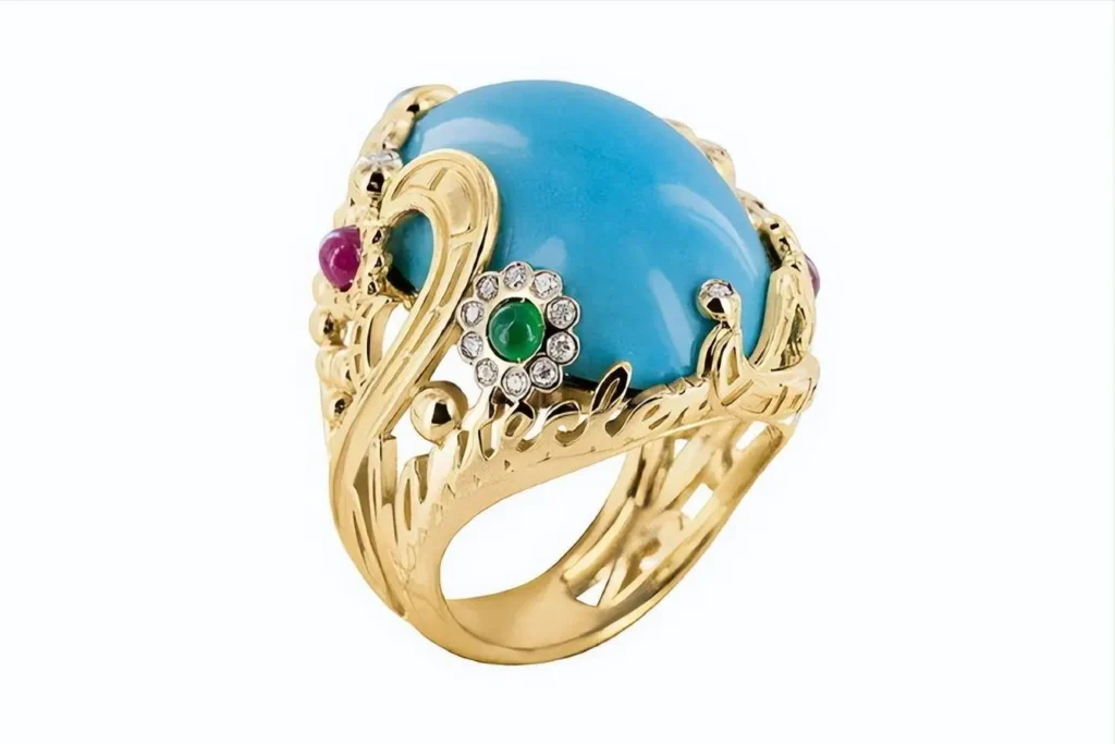 An illustration of a high-quality turquoise gemstone ring, featuring a vibrant, uniformly colored stone with excellent luster set in a jewelry design.
