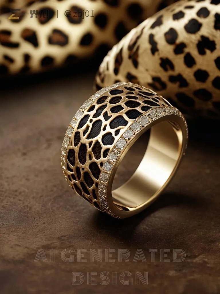 A vintage handmade gold ring featuring a bold leopard print pattern, with black and brown spots creating a wild yet sophisticated design.