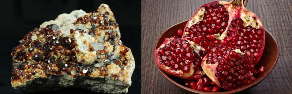 Comparison of a red garnet gemstone and a fresh red pomegranate showing their similar vivid color and luster