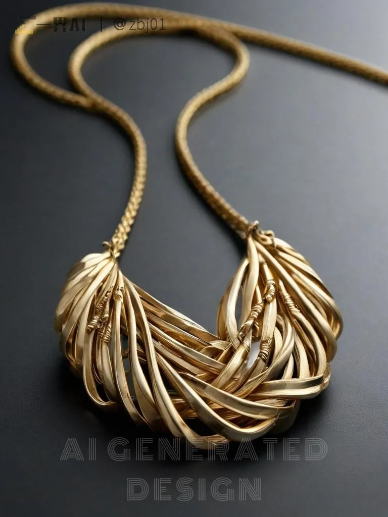 An illustration of a gold necklace featuring a delicate reed pattern. The design consists of slender, flowing lines that mimic the graceful form of reeds, giving the piece a naturalistic and elegant feel.
