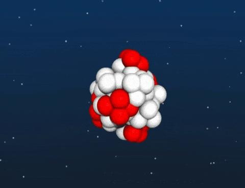 Illustration of a stable atomic nucleus showing protons and neutrons in balanced configuration, providing context for understanding why irradiated gemstones are safe.