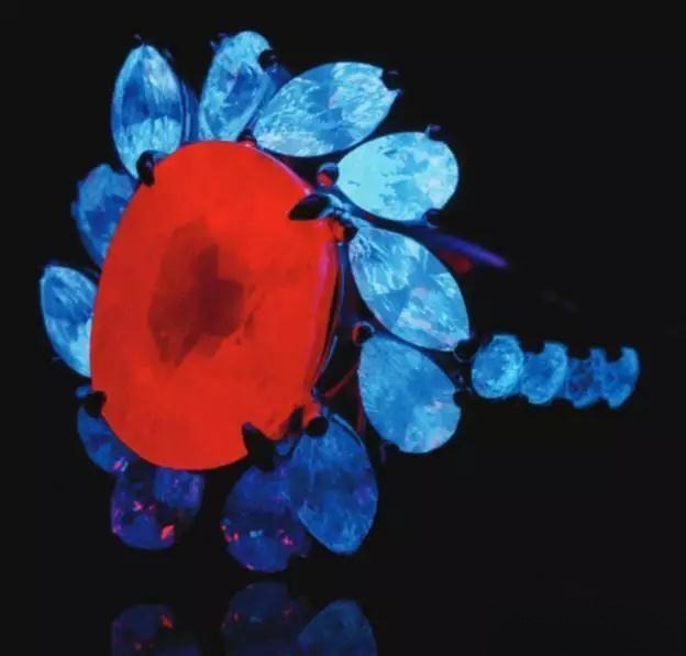 Pigeon’s blood ruby from Tajikistan showing strong fluorescence under light