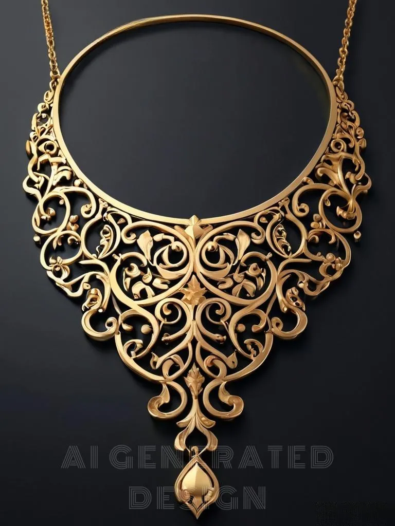 A vintage handmade gold necklace featuring intricate, flowing vine patterns, with delicate details that convey graceful movement and luxurious elegance.
