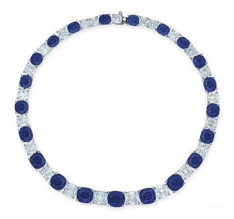 Necklace set with 10.56 to 3.02ct cushion-cut Kashmir sapphires, complemented by diamonds