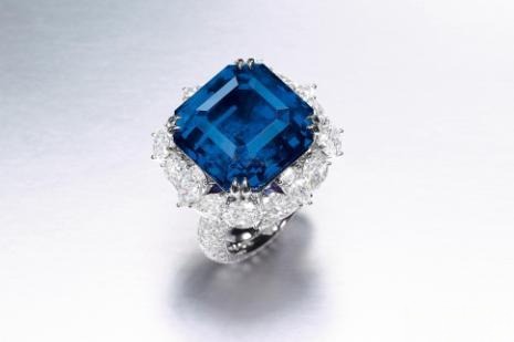 55.01ct square-cut royal blue Burmese sapphire ring set in 18K white gold with oval and pear-shaped diamond accents, unheated