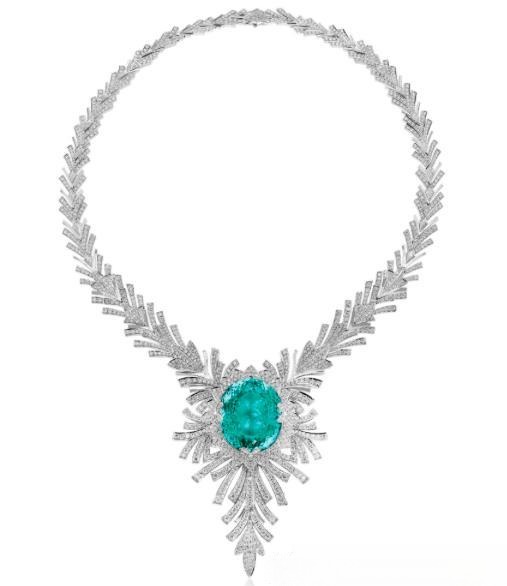 91.43-carat Mozambique Paraiba tourmaline necklace showcasing vibrant blue-green hues and exceptional brilliance