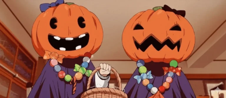 Two anime-style figures wearing smiling and spooky pumpkin head masks and colorful beaded necklaces, holding a wicker basket, in a warm-toned indoor setting, serving as the featured image for the article 'Halloween Meets the Dark-Romantic Jewels of Kevin Coates'.