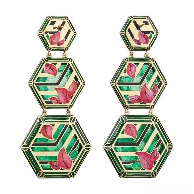 Jaipur Bougainvillea emerald and gold earrings by Alice Cicolini X M, featuring a color design that follows the Chinese color proverbs principle of balancing soft tones with dark accents for refined contrast.