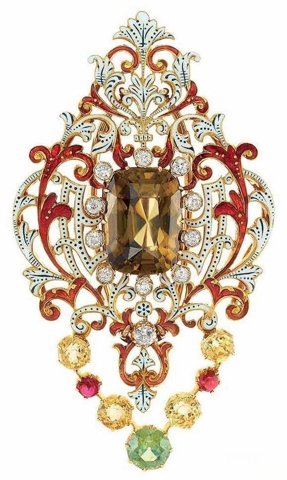 Art Nouveau enamel brooch featuring a touch of white to balance vibrant colors and focus attention on the main design.