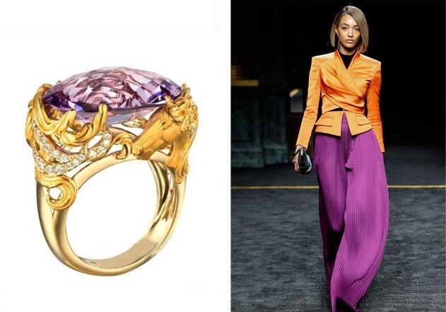 Left: Carrera y Carrera crystal and gold ring; Right: Model wearing a yellow top and purple pants, illustrating a harmonious color pairing inspired by Chinese Color Proverbs.