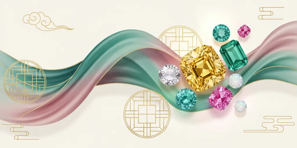 Abstract banner combining flowing silk in traditional Chinese colors (jade, deep blue, rose) with scattered, modern-cut gemstones (ruby, emerald, yellow sapphire), framed by stylized gold patterns, symbolizing the harmony of ancient color proverbs and modern jewelry design.