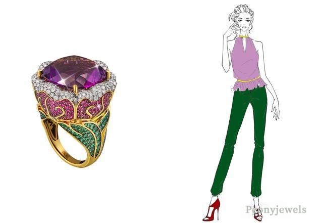 Left: GEVORGIAN crystal and gold ring; Right: Hand-painted illustration of a woman in purple and green attire, with yellow accents softening the look and unifying the color scheme, illustrating the Chinese Color Proverbs principle.