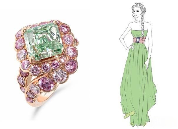 Left: Green diamond and rose gold earrings by David M; Right: Hand-painted model in a green dress with a pink belt, showing how two soft colors complement each other for a pure and harmonious effect.
