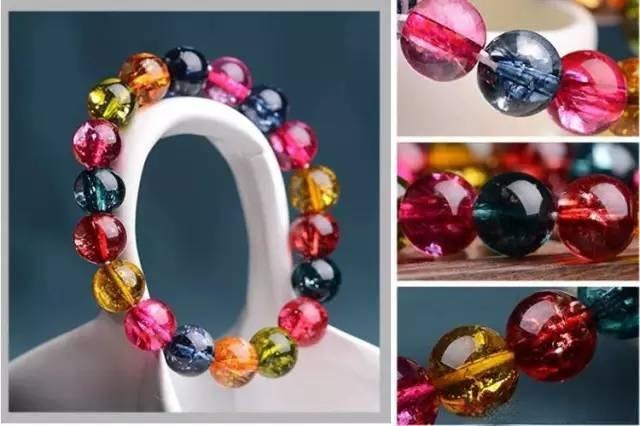 Detail of dyed chalcedony bracelet mimicking watermelon tourmaline, created using a method similar to exploded crystal